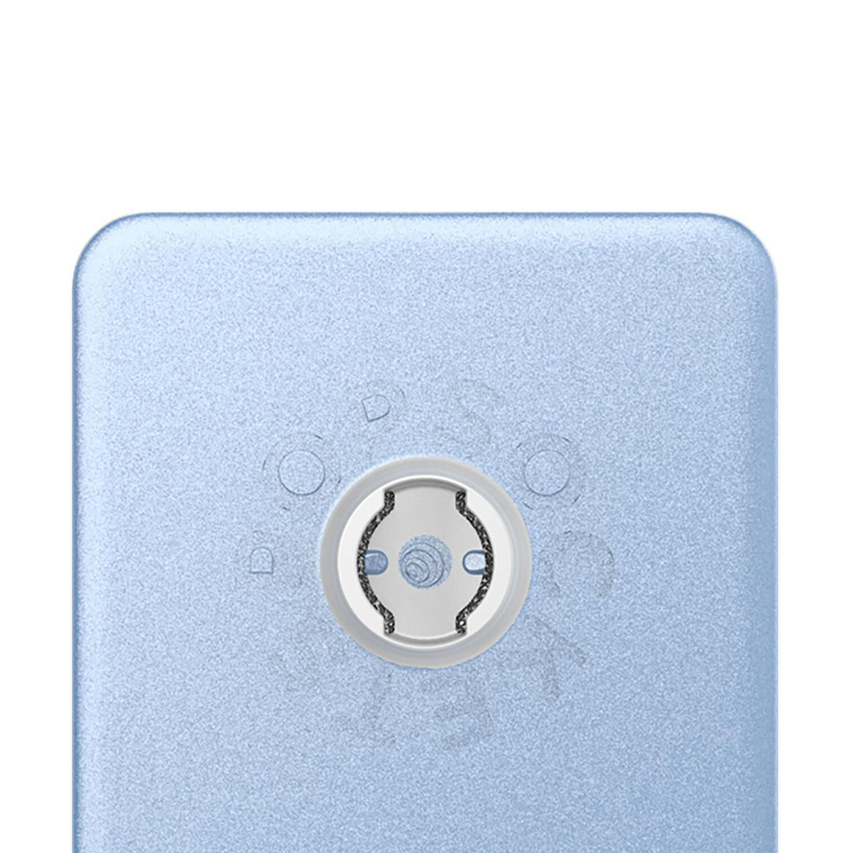 Primer plano de un dispositivo azul claro con un soporte plateado redondo en el centro.