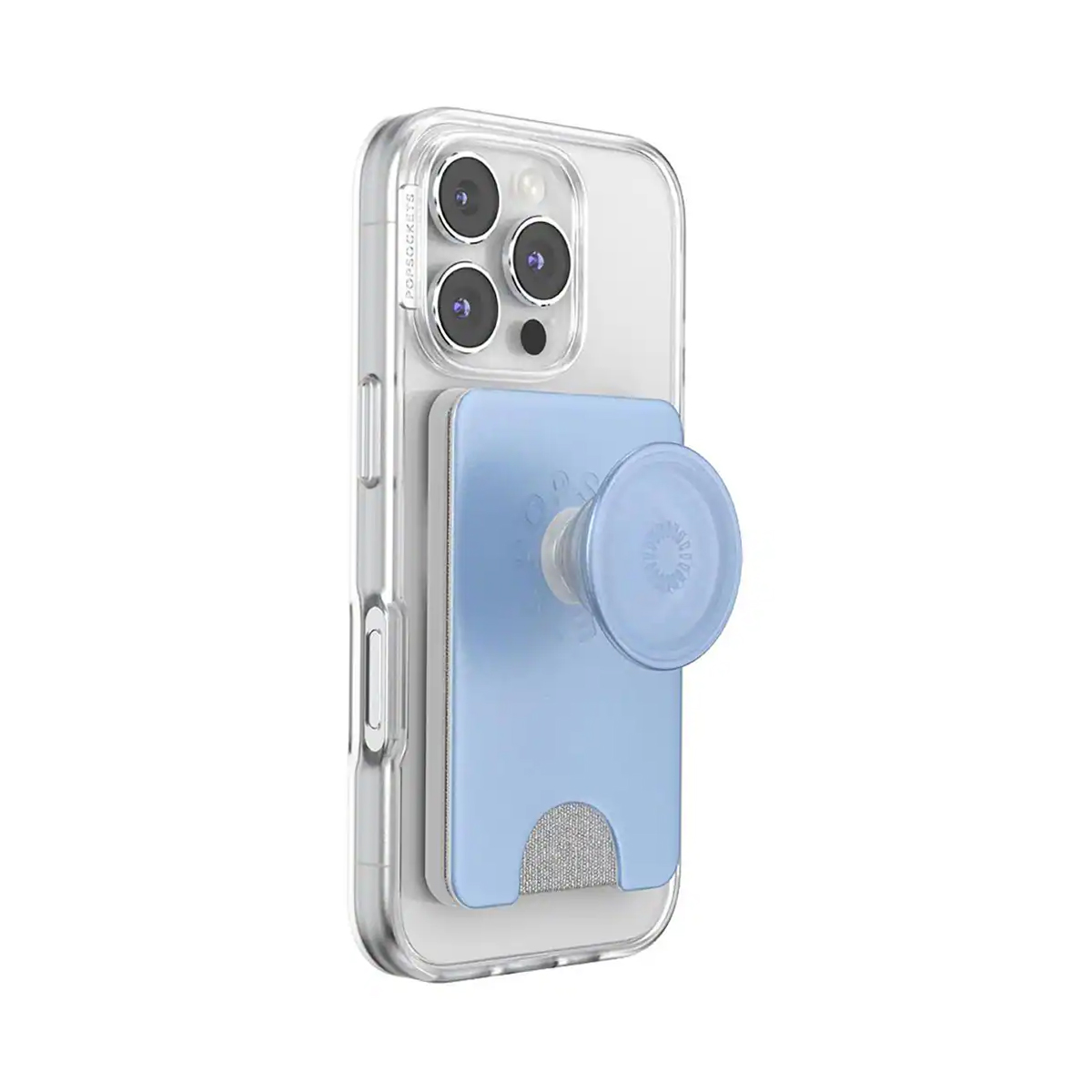 iPhone con funda transparente, tarjetero azul y PopSocket.