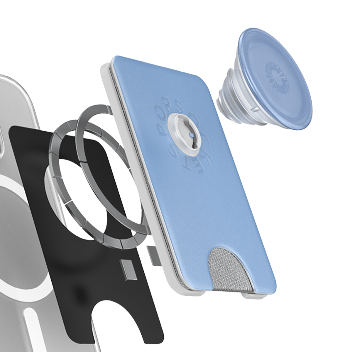 Vista explosionada de un soporte para teléfono con anillo magnético, soporte y PopSocket azul.