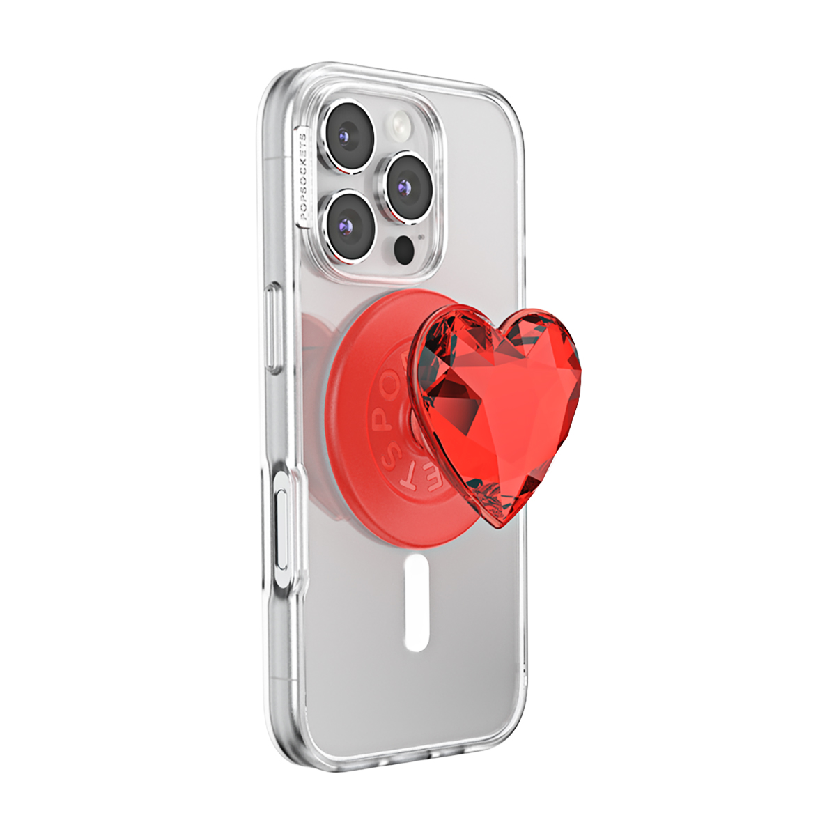 Funda de teléfono transparente con un PopSocket rojo en forma de corazón.