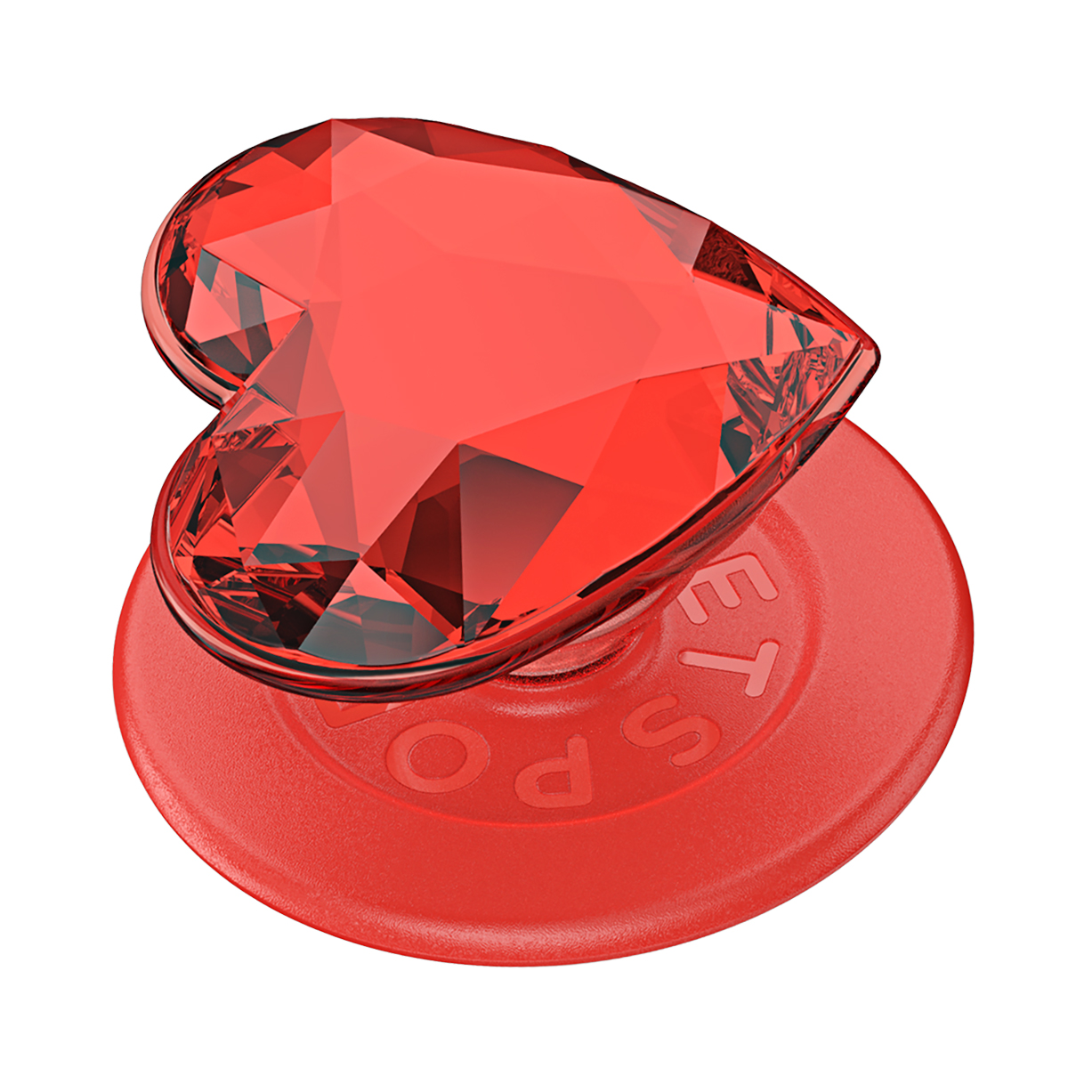 Un agarre para teléfono de cristal rojo en forma de corazón con superficies facetadas.