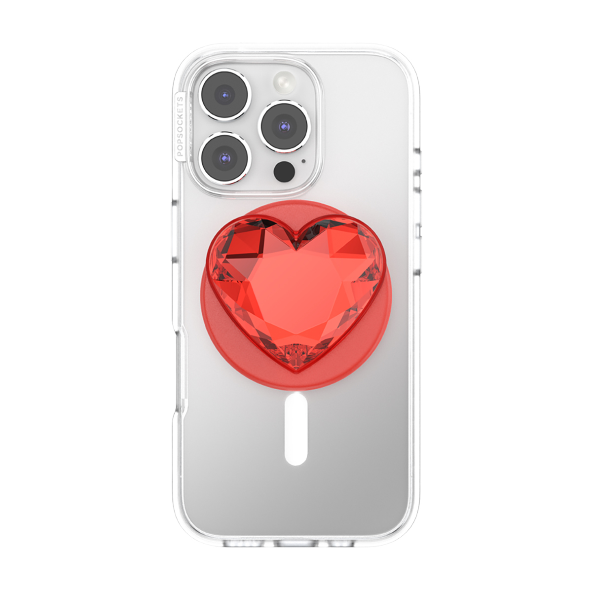 Una funda transparente para teléfono con un accesorio PopSocket de corazón rojo.