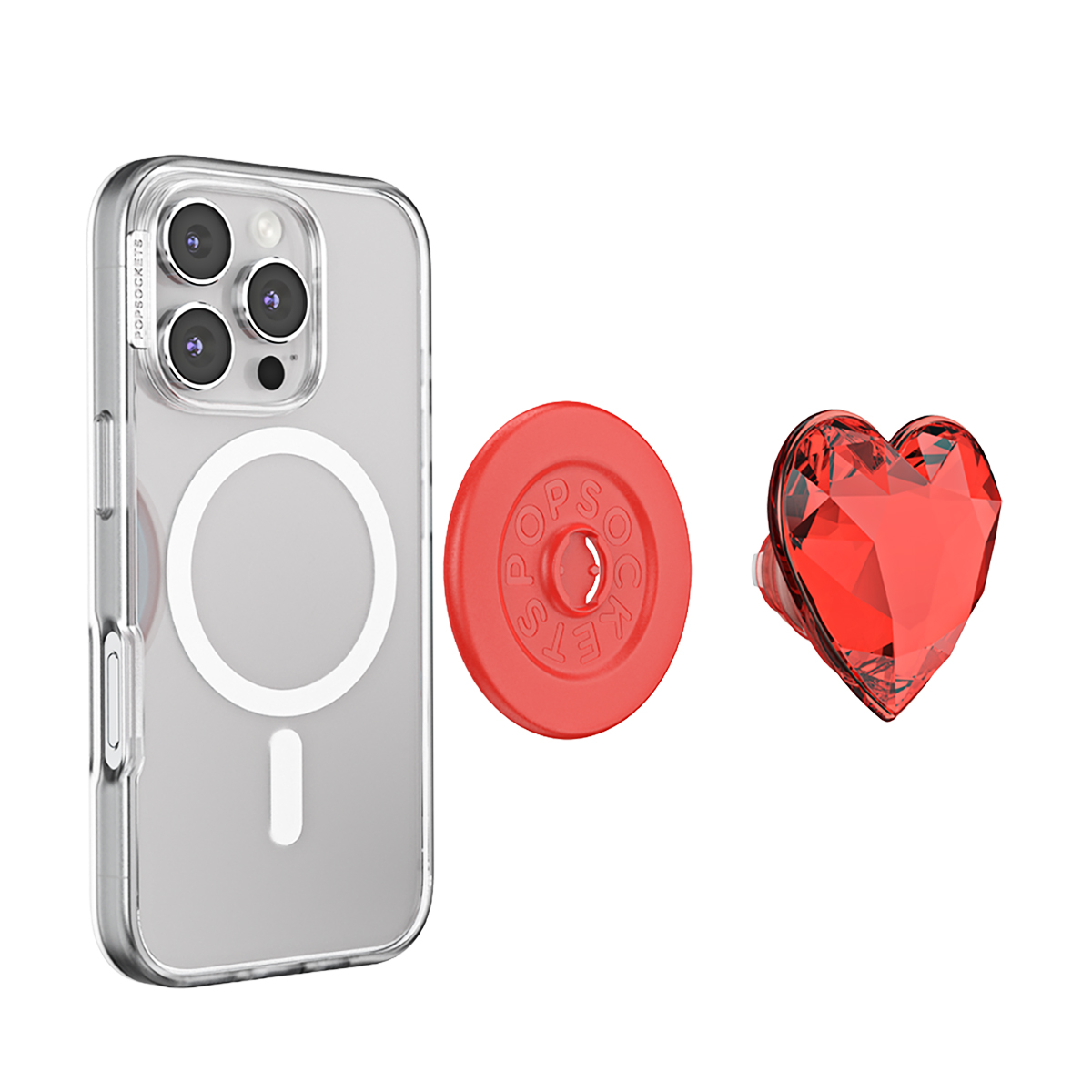 Funda transparente para teléfono con cámara, disco PopSocket rojo y PopSocket rojo en forma de corazón.