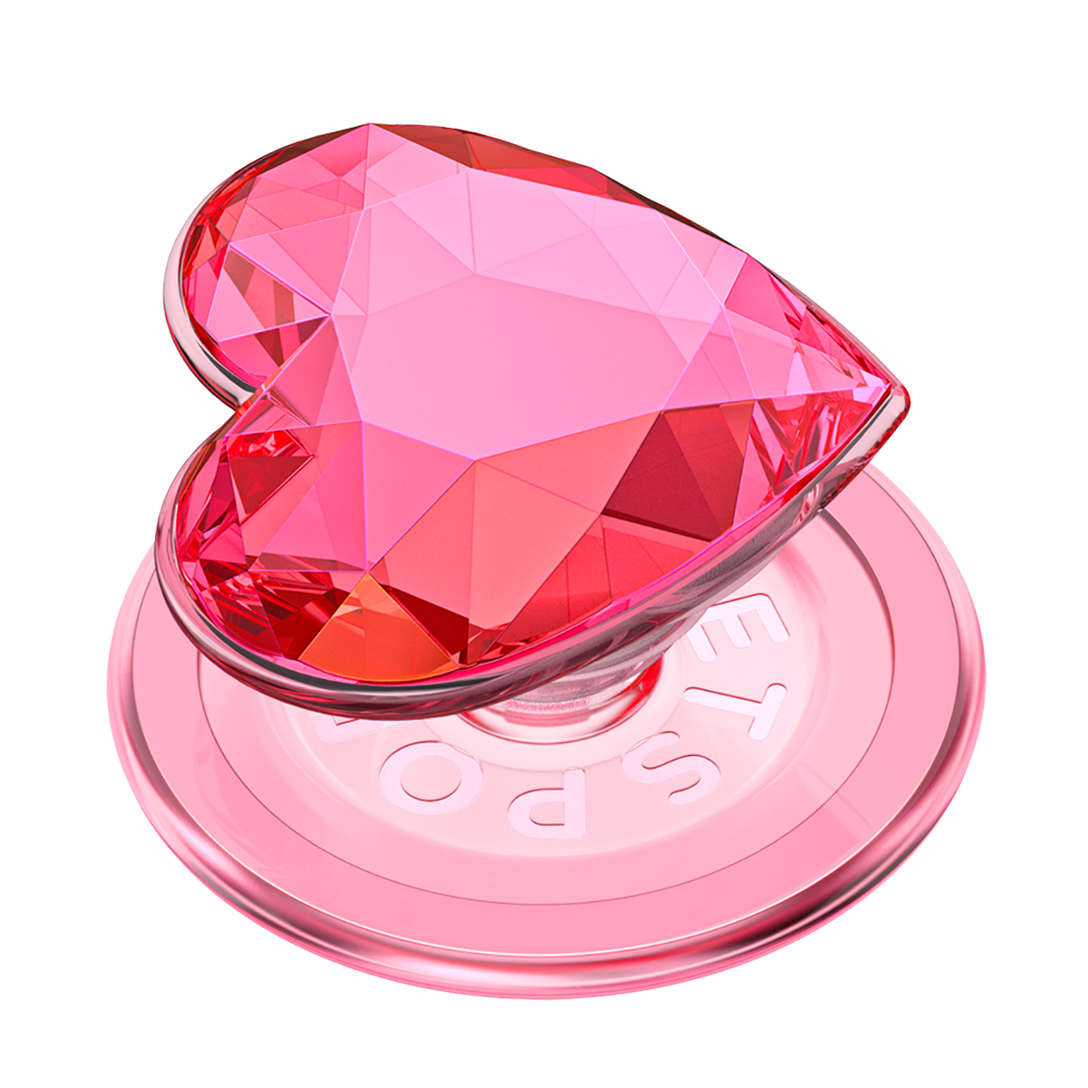Un agarre rosa en forma de corazón facetado sobre una base redonda.