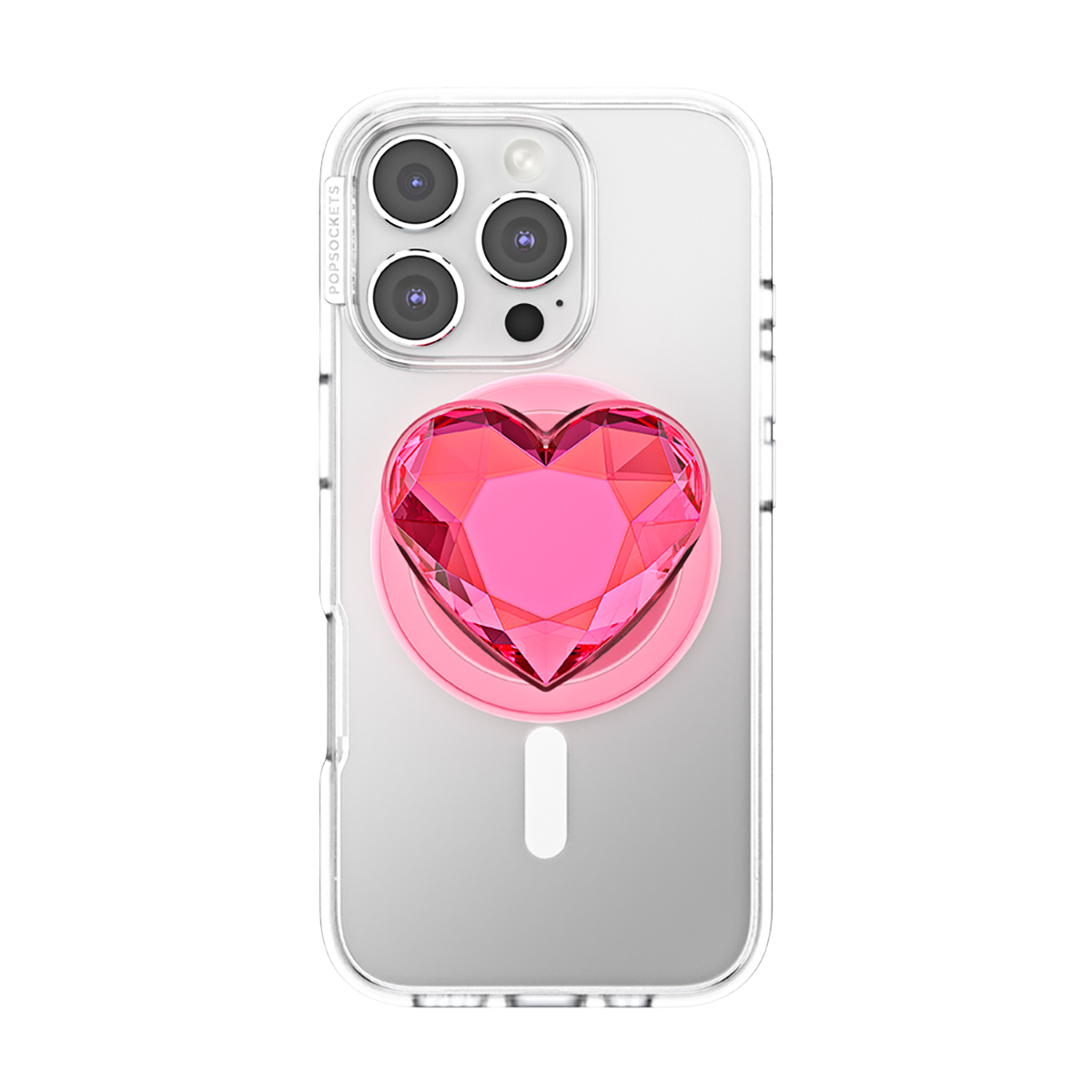 Una funda transparente para teléfono con un agarre rosa en forma de corazón.