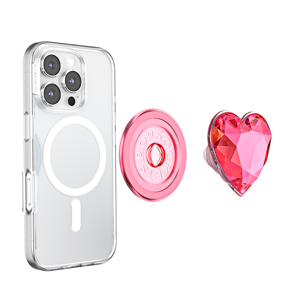 Una funda transparente para iPhone, un PopSocket rosa y un PopSocket de corazón rosa.