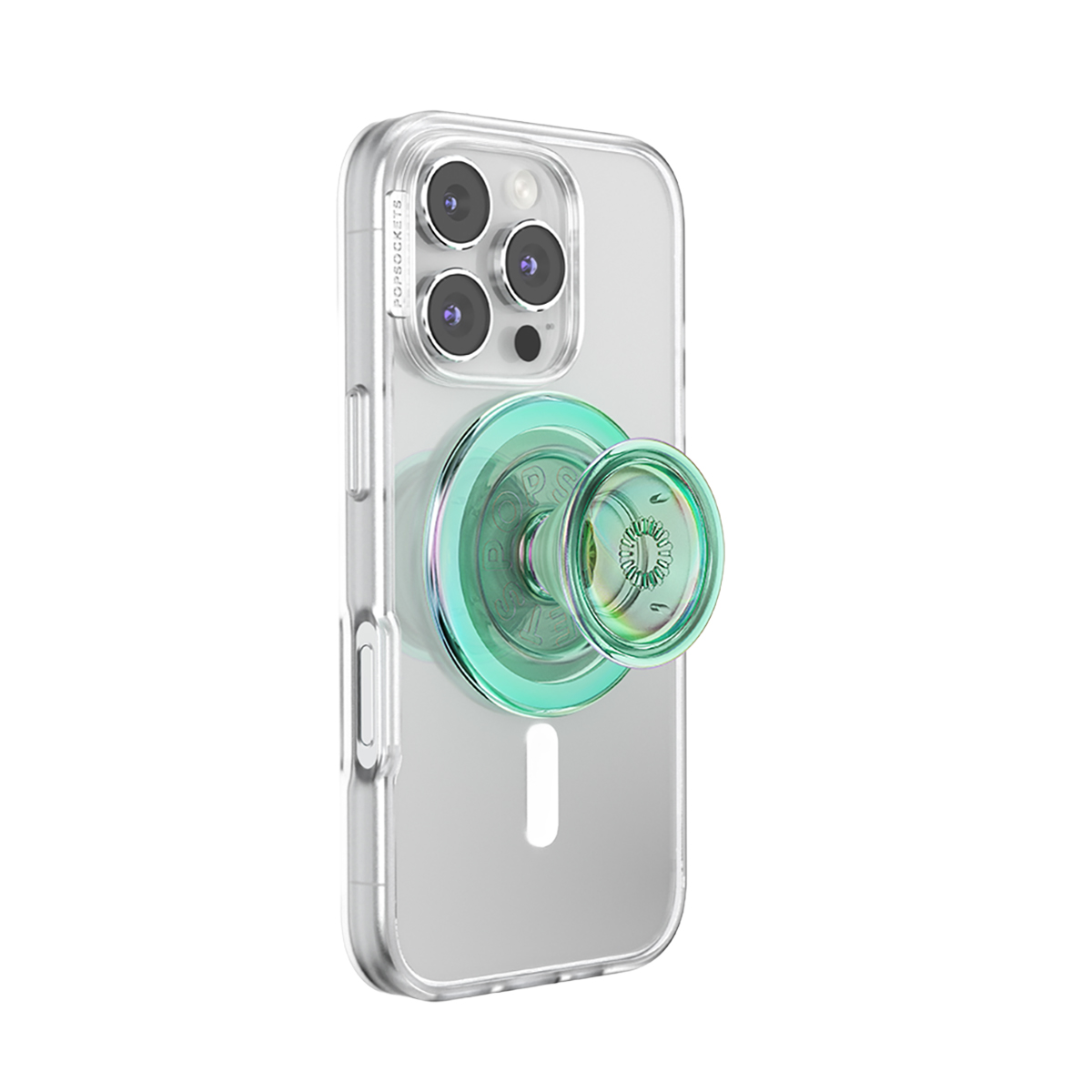 Una funda de teléfono transparente con un PopSocket verde en la parte trasera.