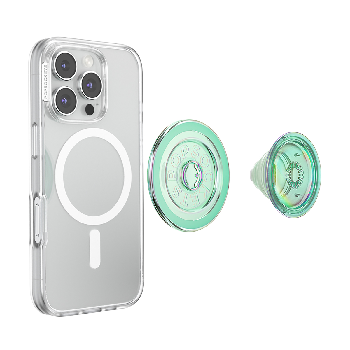 Una funda transparente para teléfono con anillo magnético y un agarre PopSocket verde.