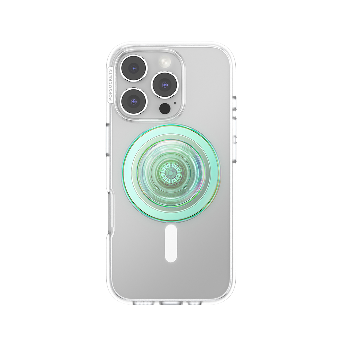 Funda transparente para teléfono con agarre PopSocket verde detrás.