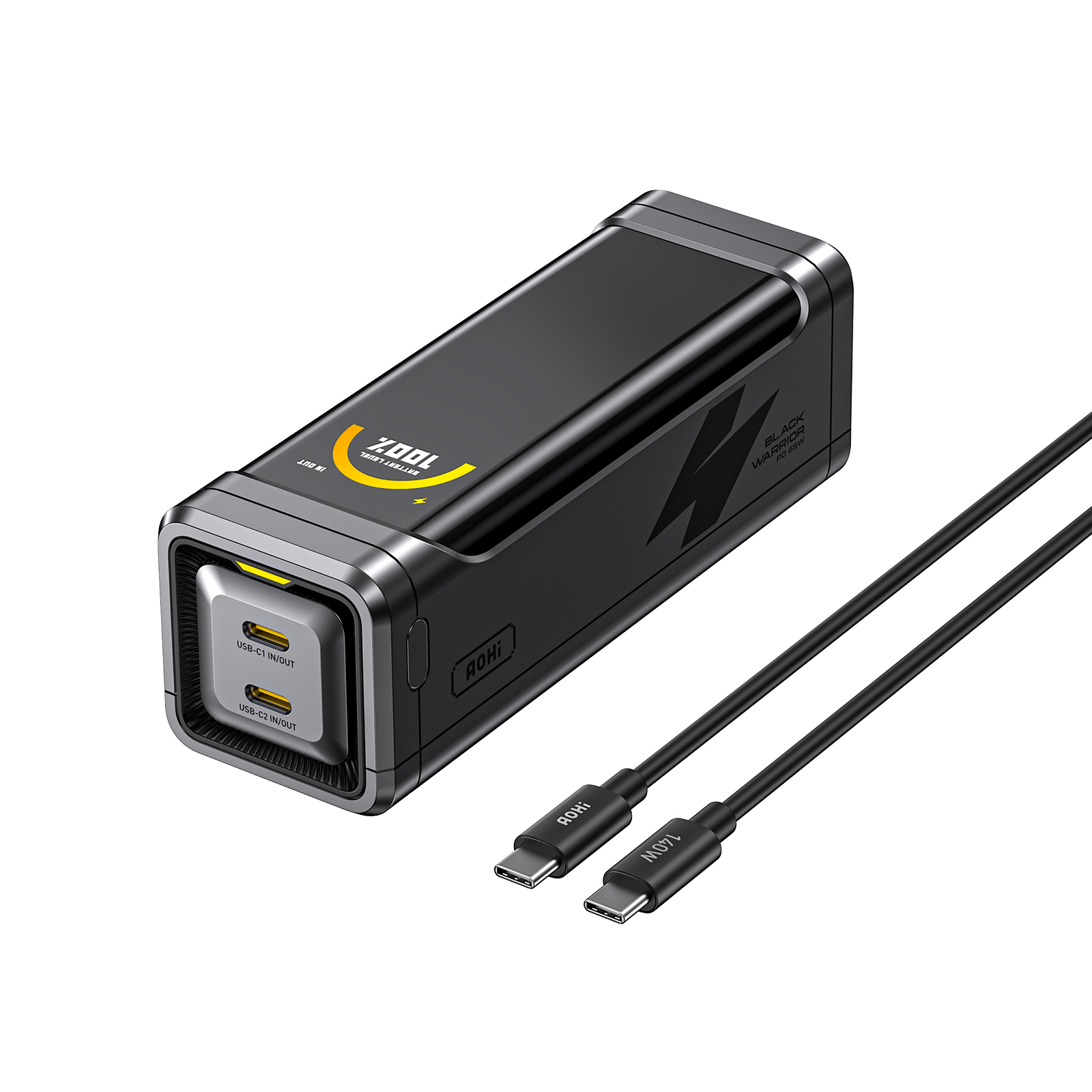 İki USB-C bağlantı noktasına ve iki kabloya sahip siyah 100W GaN şarj cihazı.