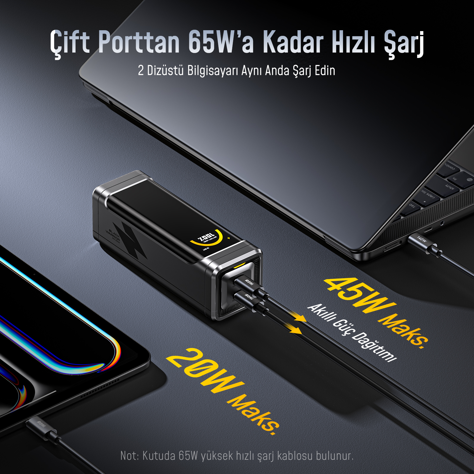Tablet ve dizüstü bilgisayar şarj eden iki kablolu siyah şarj cihazı.