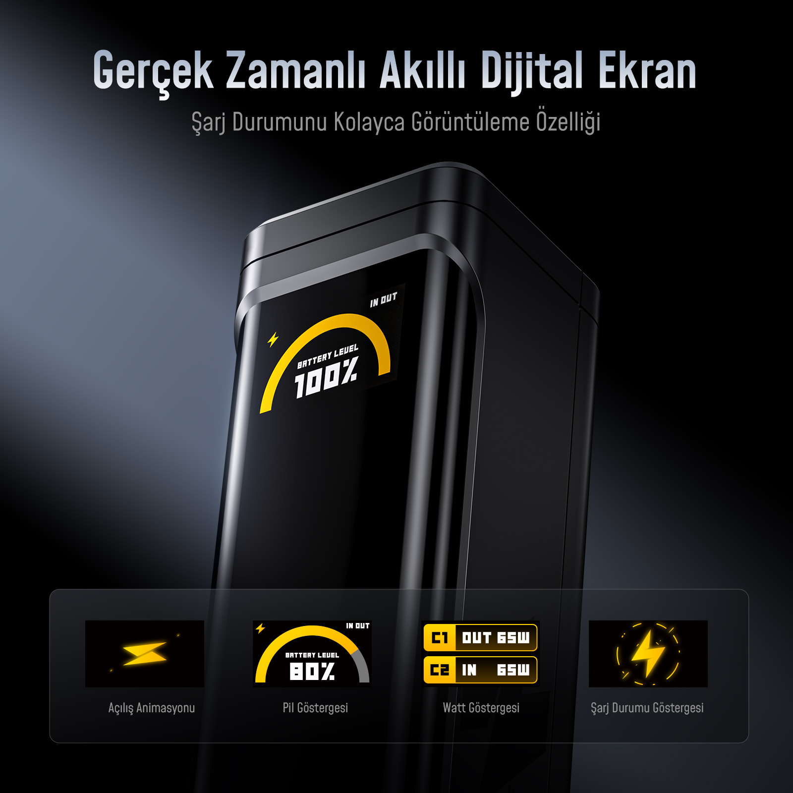 Siyah şarj cihazı, %100 pil gösteren dijital ekrana sahip.