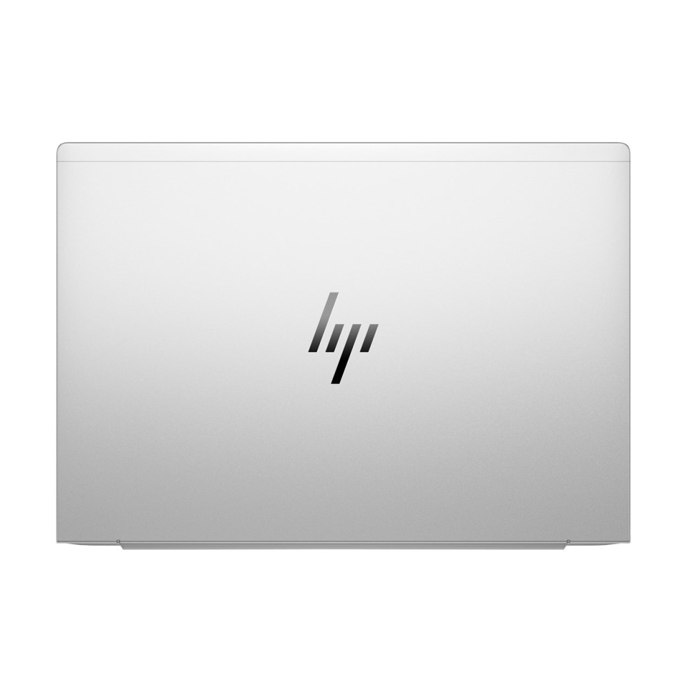 Zamknięty srebrny laptop HP z logo na białym tle.