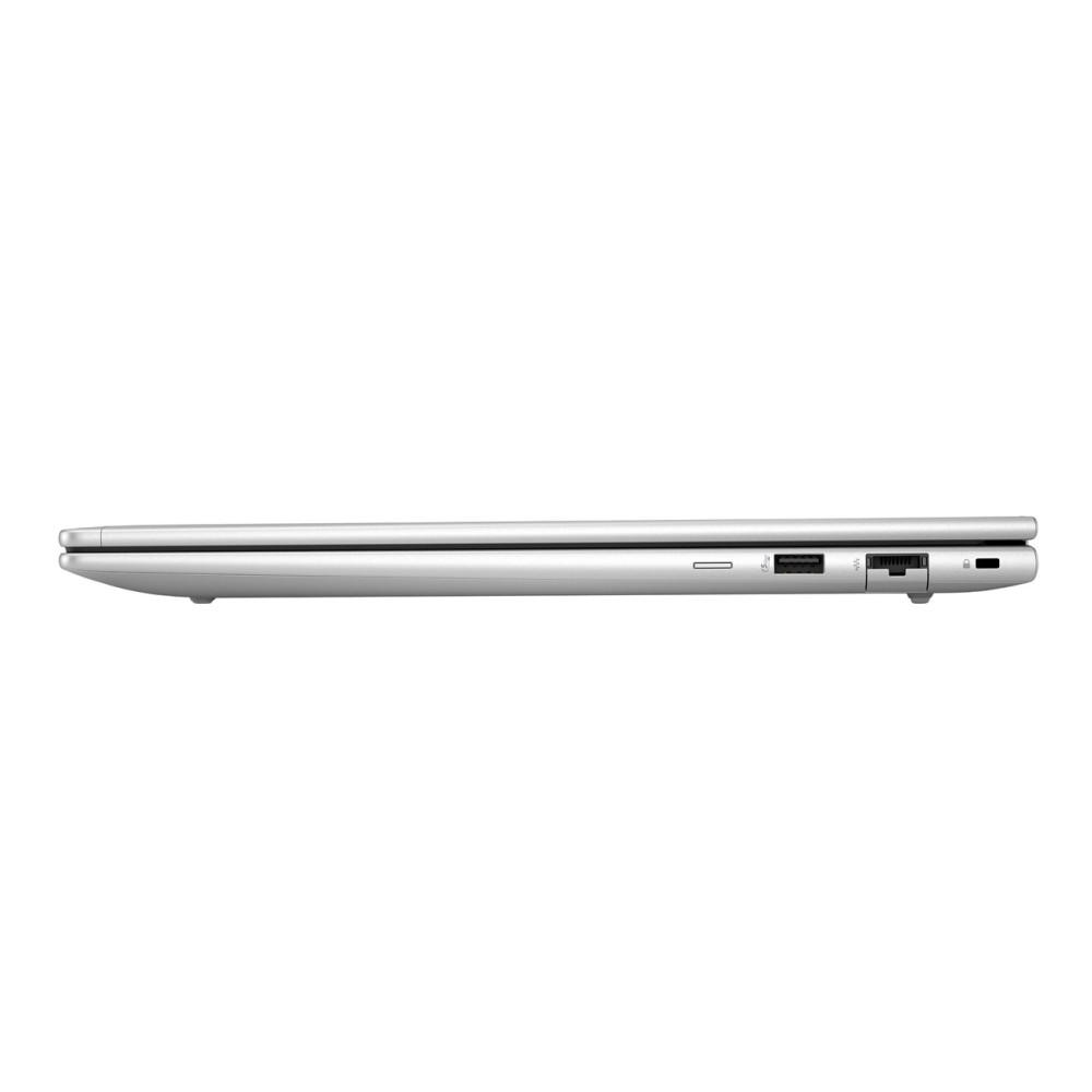 Zamknięty srebrny laptop w widoku z profilu pokazujący porty USB.