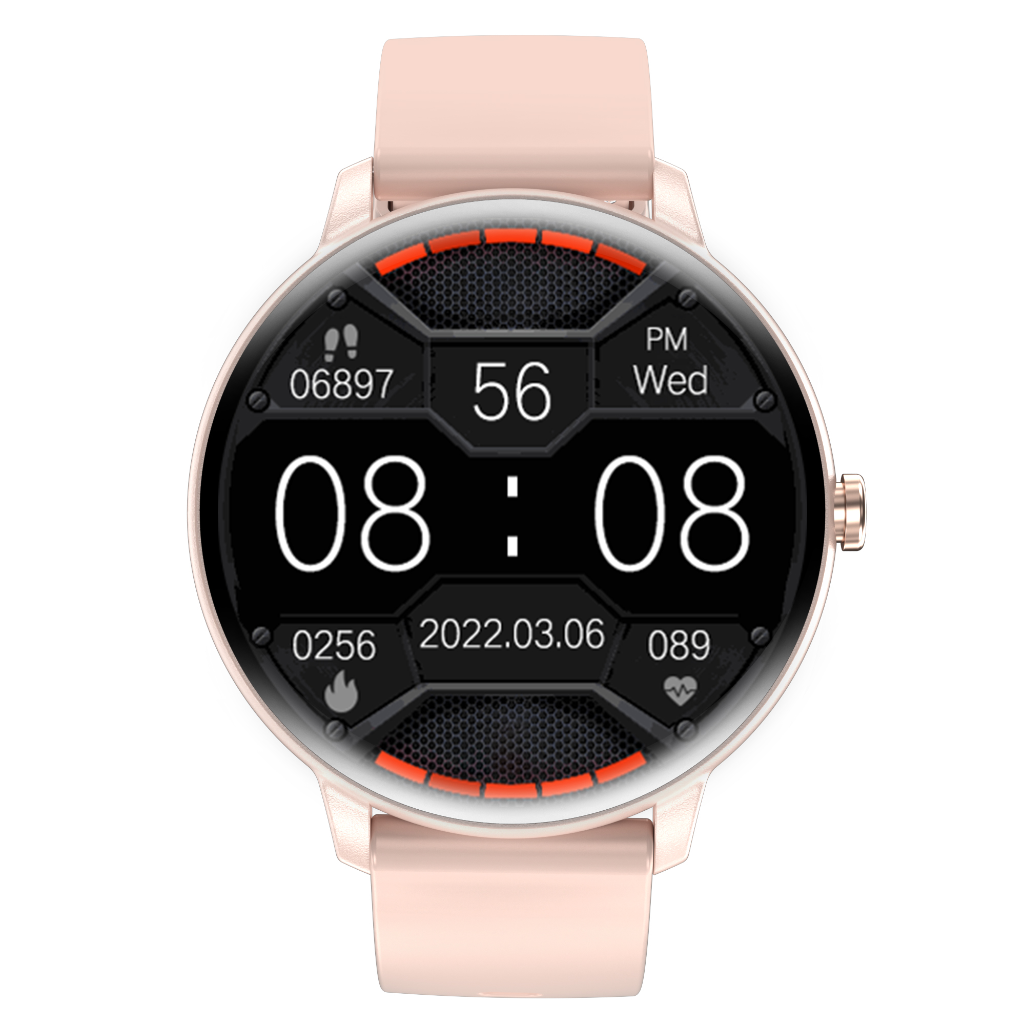 Różowy smartwatch wyświetlający cyfrowy czas 08:08 z metrykami zdrowia.