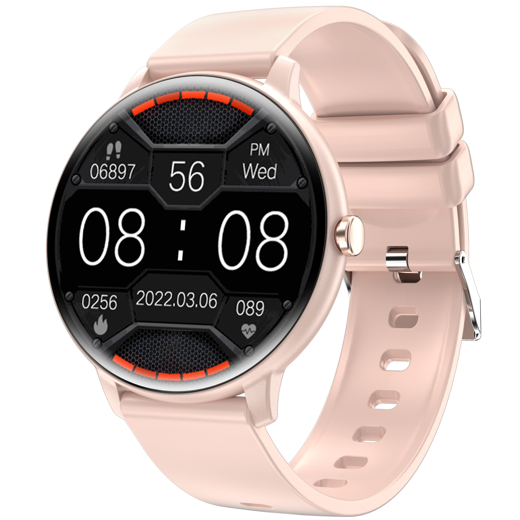 Jasnoróżowy smartwatch z okrągłym czarnym wyświetlaczem pokazującym 08:08, kroki, datę i tętno.
