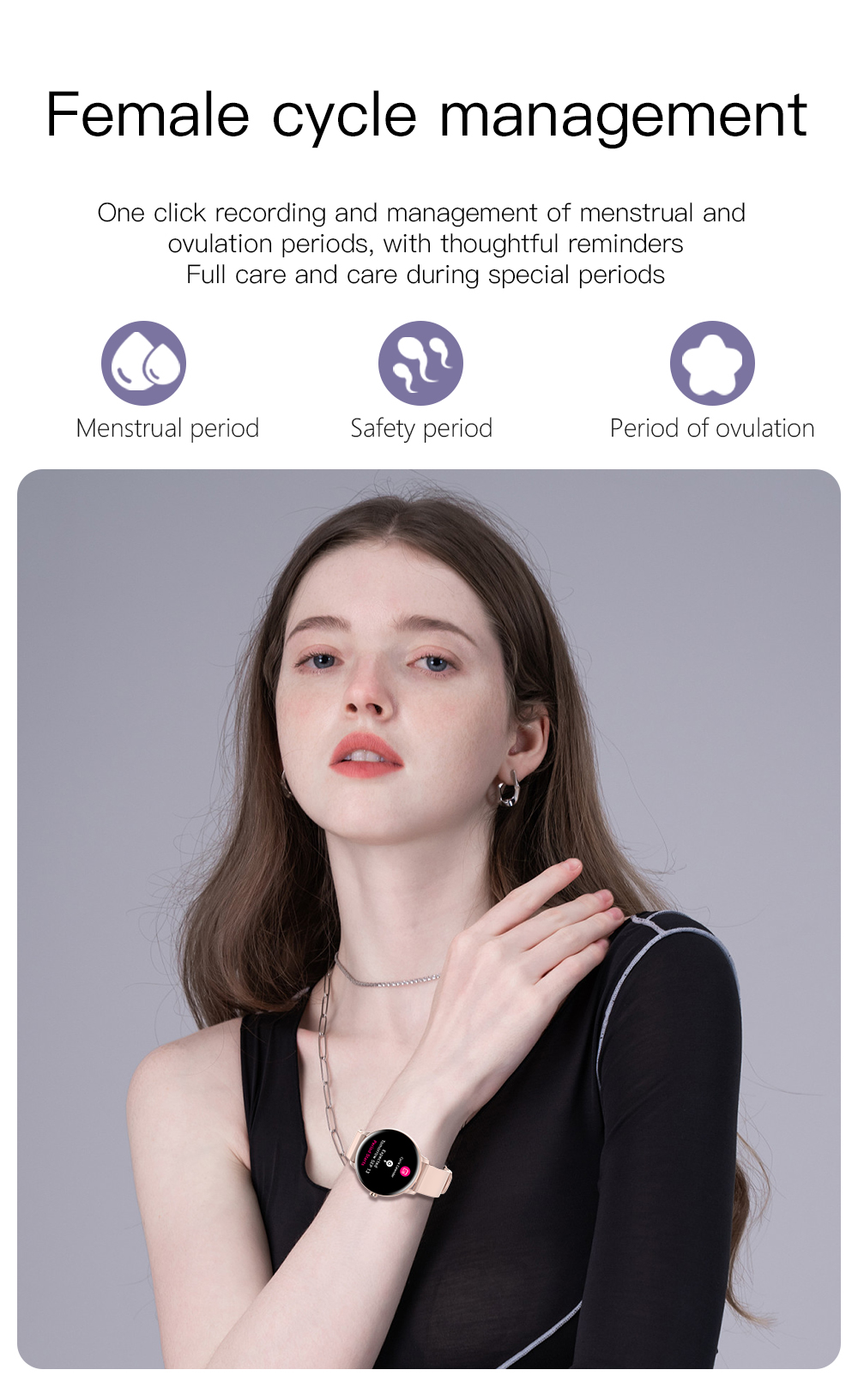 Zarządzanie cyklem menstruacyjnym: Kobieta nosi smartwatch z różową bransoletą.
