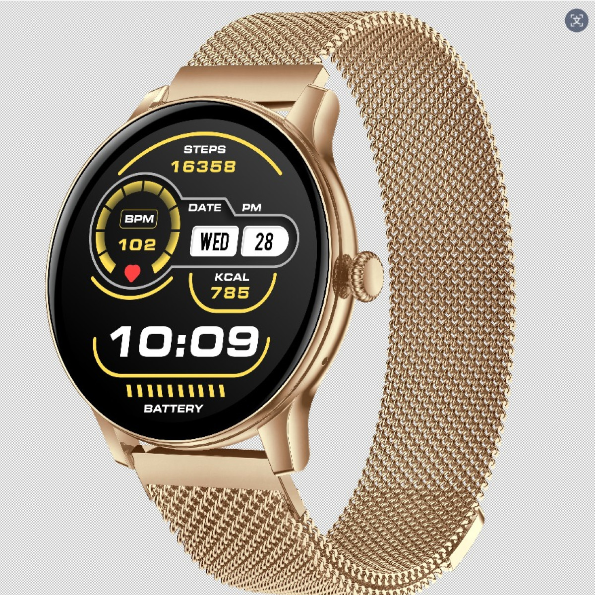 Złoty smartwatch z siatkową bransoletą, pokazuje 16358 kroków, 102 BPM, 785 kcal, 28 dzień i 10:09.