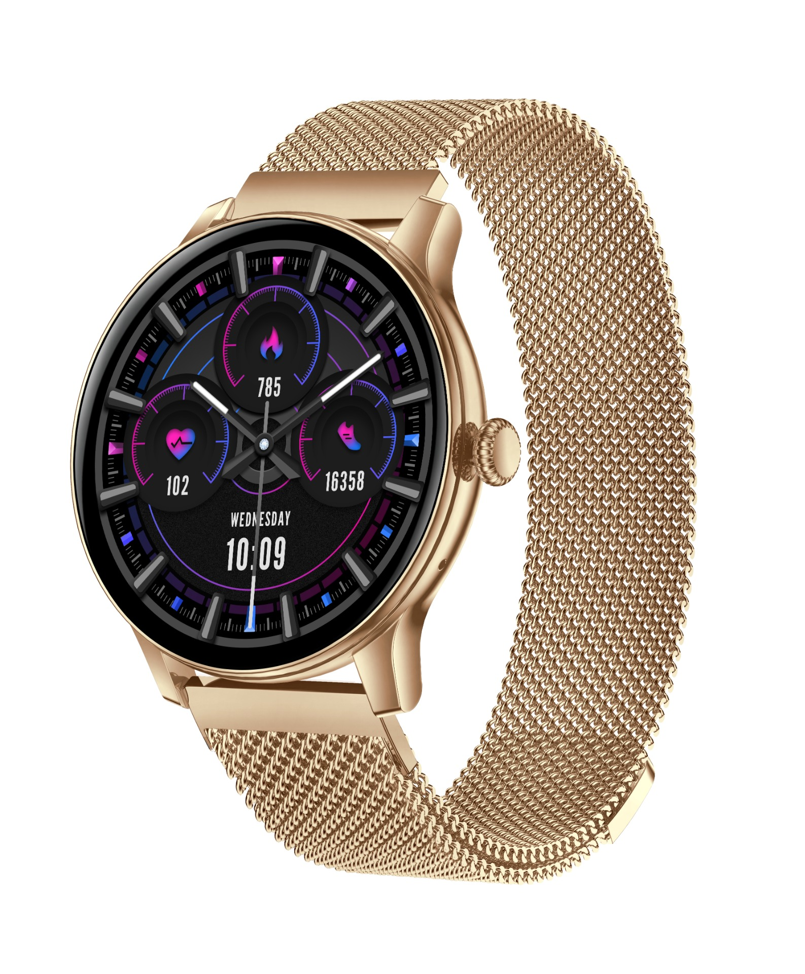 Złoty smartwatch z siatkową bransoletą pokazuje czas, tętno, kroki i kalorie.