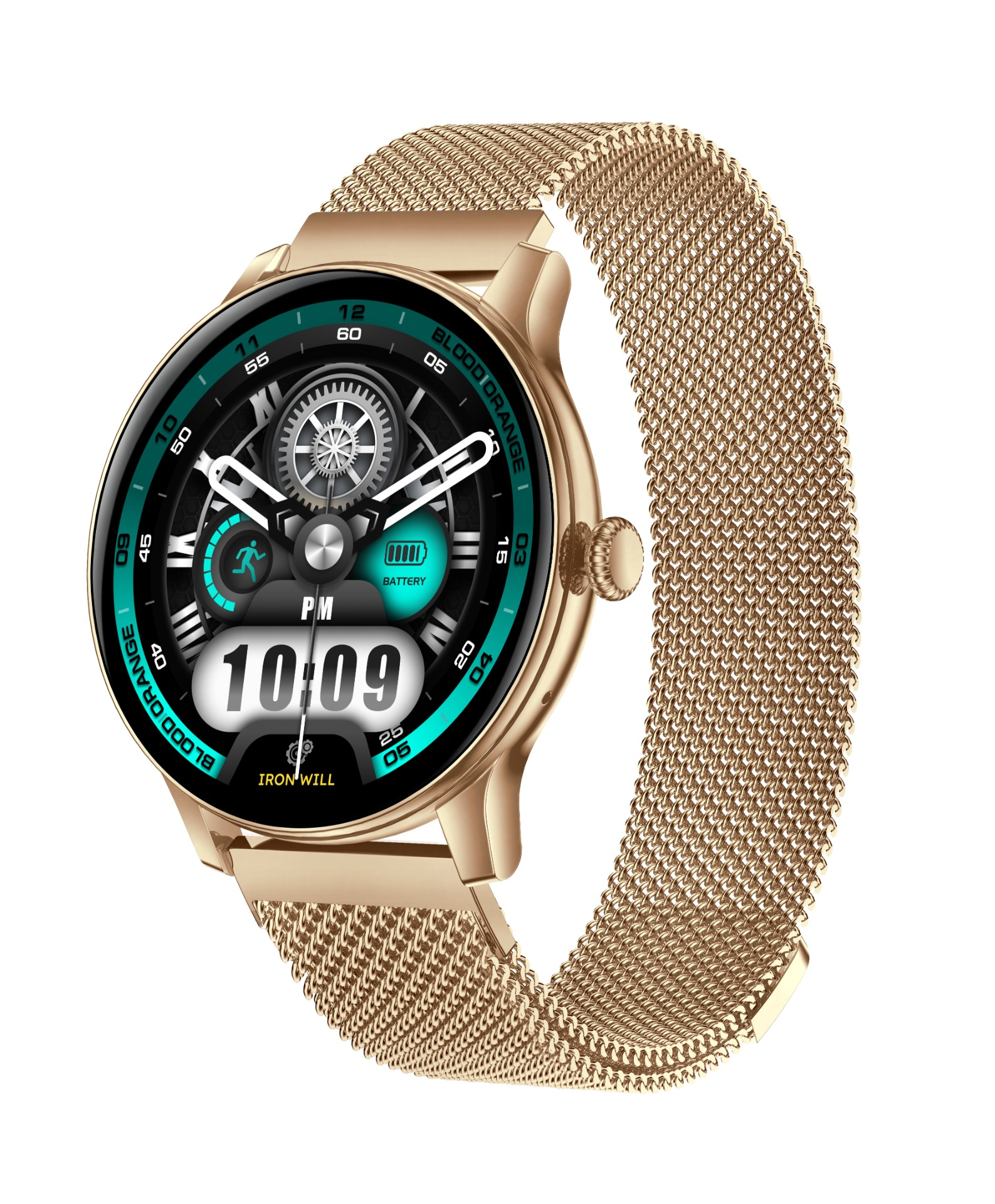 Złoty smartwatch z siatkowym paskiem pokazuje 10:09 i stan baterii.