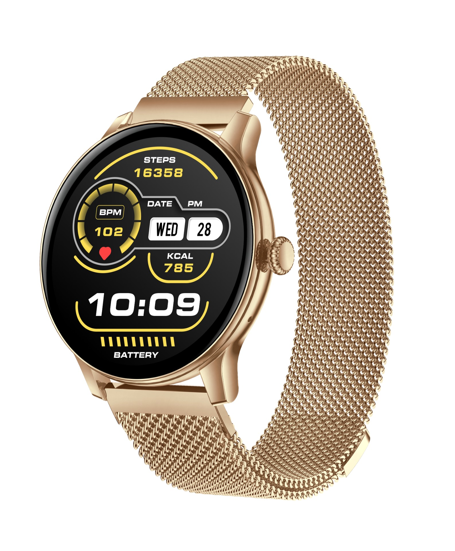Złoty smartwatch z siatkowym paskiem, pokazuje 16358 kroków, 102 BPM, 785 kcal, godzinę 10:09.
