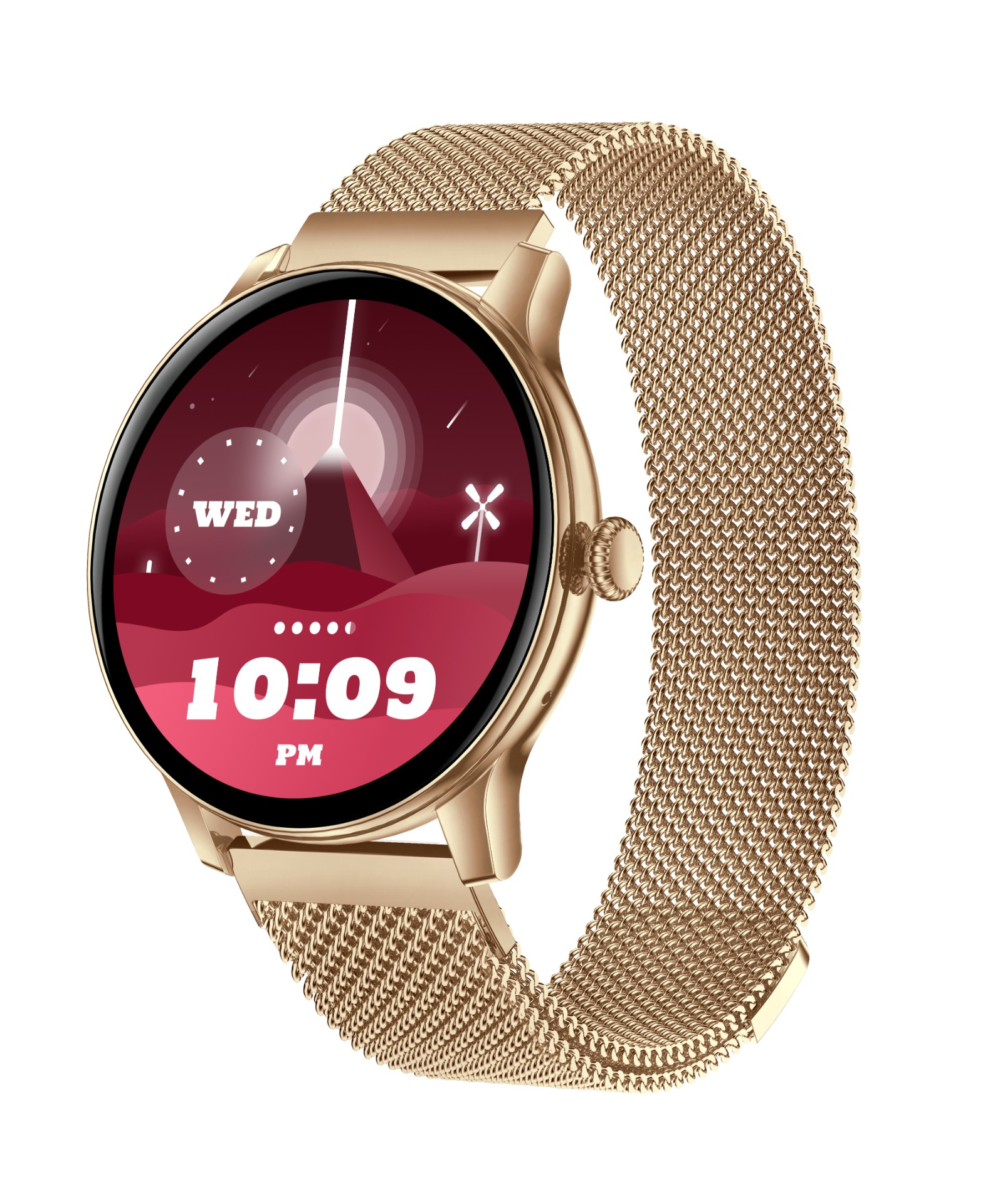 Złoty smartwatch z paskiem mesh i czerwoną tarczą, pokazuje 10:09.