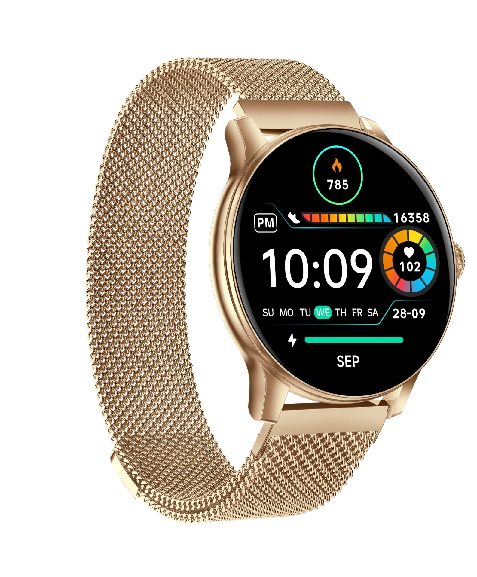 Złoty smartwatch z siatkową bransoletą pokazuje 10:09, 785 kalorii, 102 uderzenia serca.