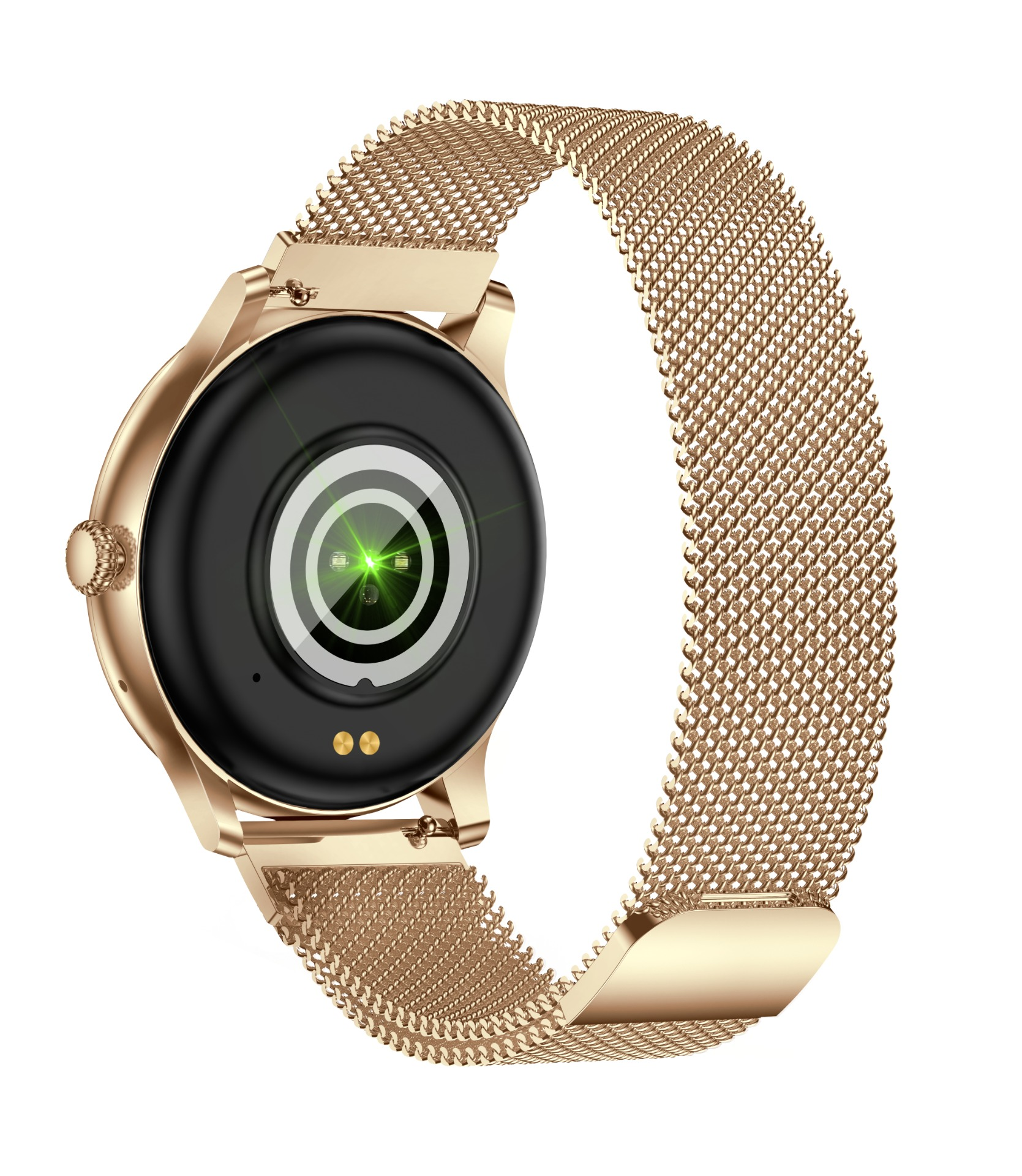 Złoty smartwatch z czarną tarczą i czujnikiem tętna z tyłu.