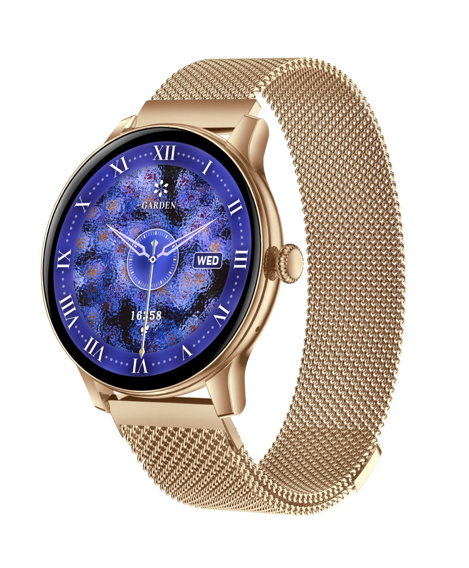 Złoty smartwatch z niebieską tarczą, cyframi rzymskimi i bransoletą z siatki.