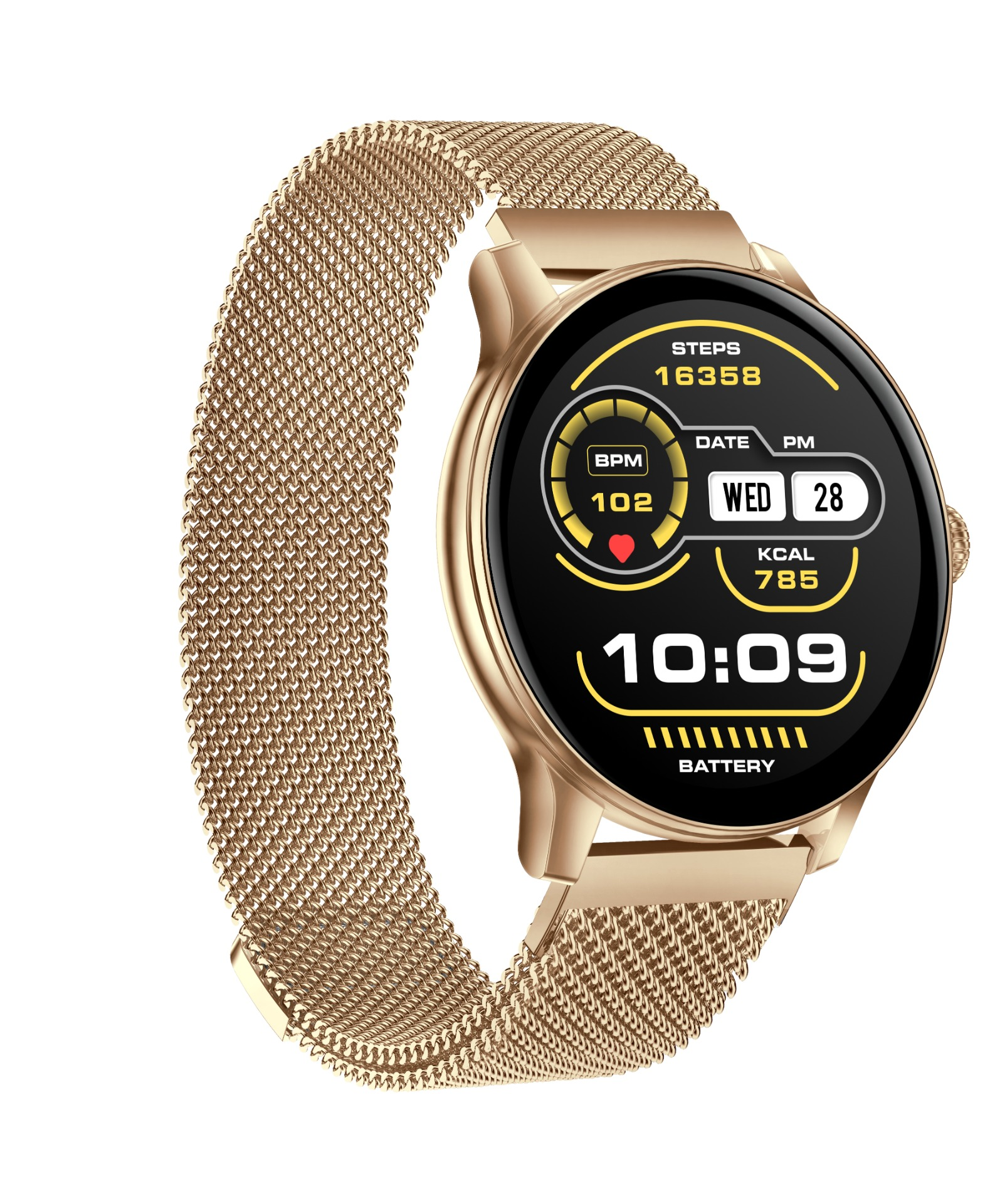 Złoty smartwatch z siatkową bransoletą pokazuje kroki, datę, tętno, kalorie i czas.