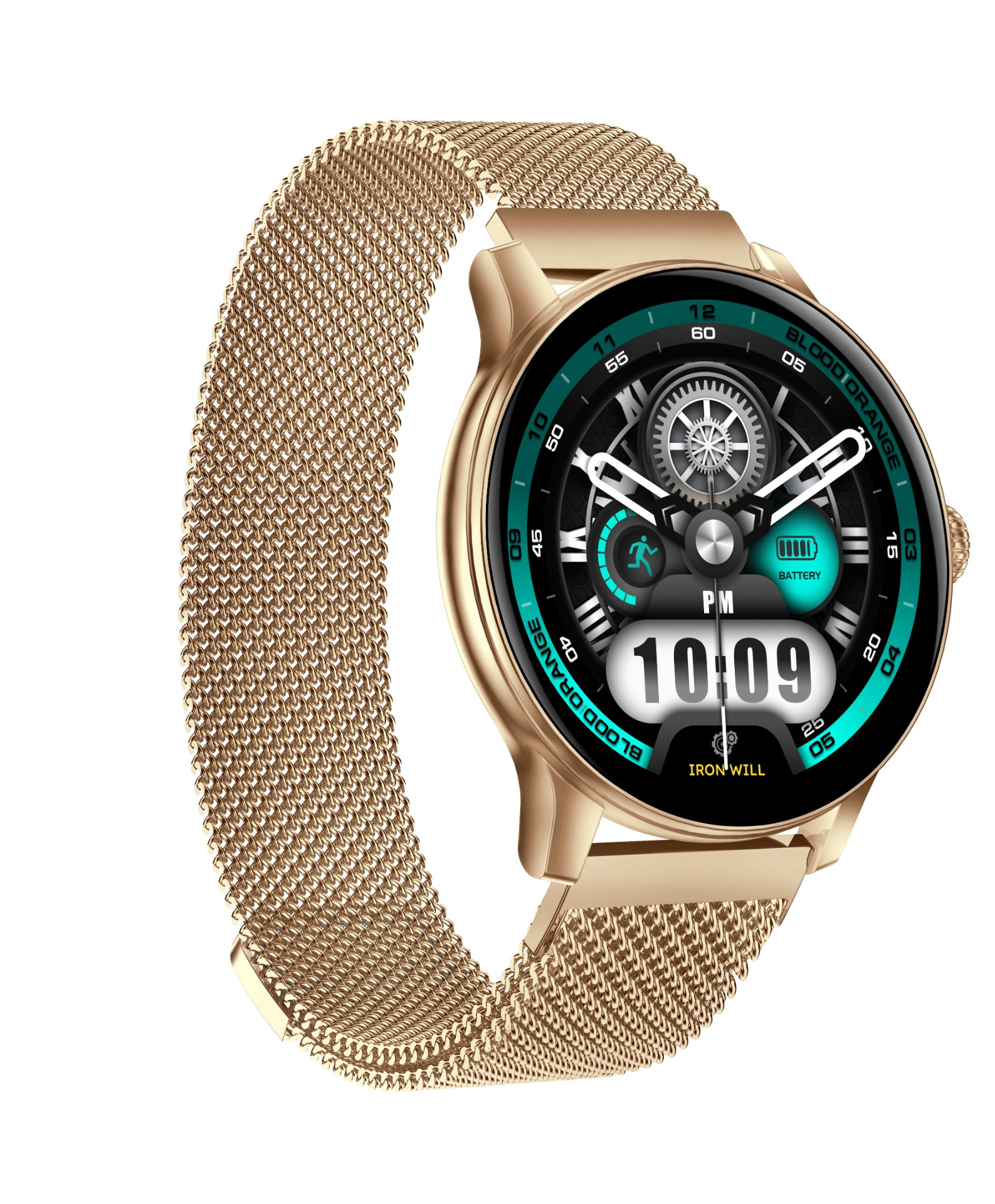 Złoty smartwatch z siatkowym paskiem, wyświetla godzinę 10:09 i dane treningowe.