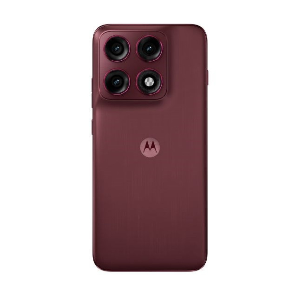 Retro di uno smartphone rosso con quattro fotocamere e logo Motorola.