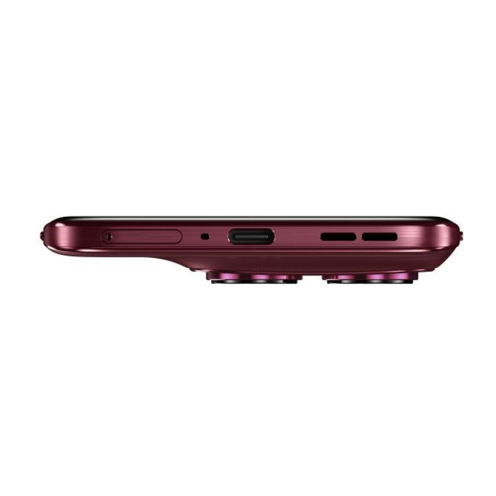 Profilo smartphone rosso scuro con porta USB-C e due obiettivi.