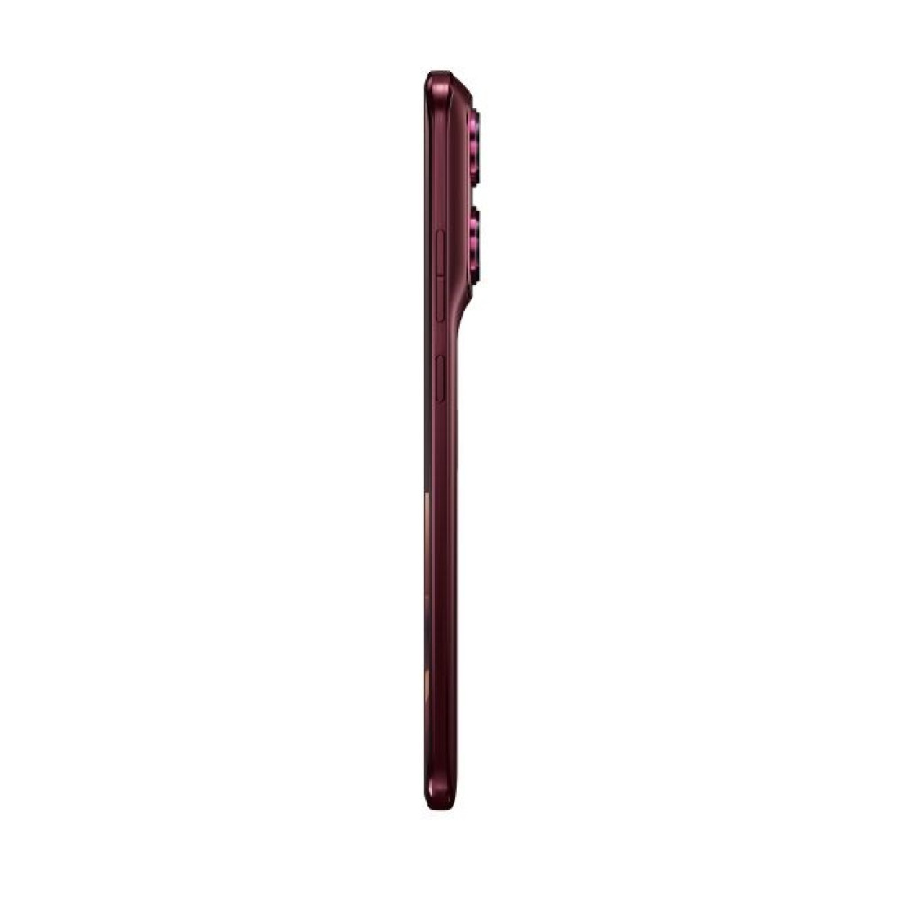 Smartphone rosso scuro di profilo con fotocamere e pulsanti visibili.