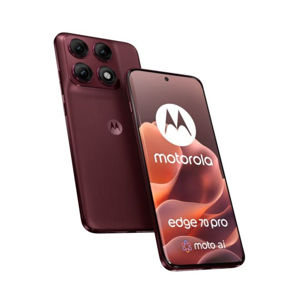Uno smartphone Motorola Edge 70 Pro rosso scuro mostrato frontalmente e posteriormente.