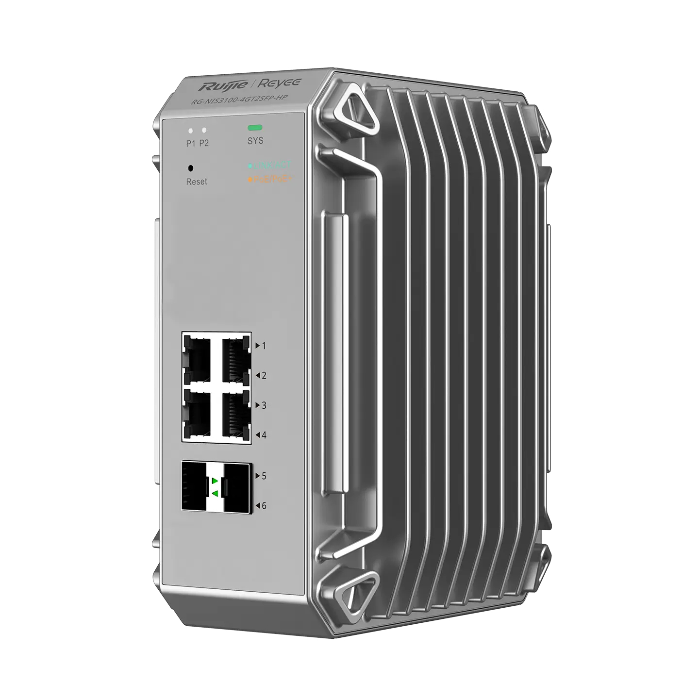 Uno switch di rete Ruijie Reyee RG-NIS3100-4GT2SFP-HP argentato con porte.