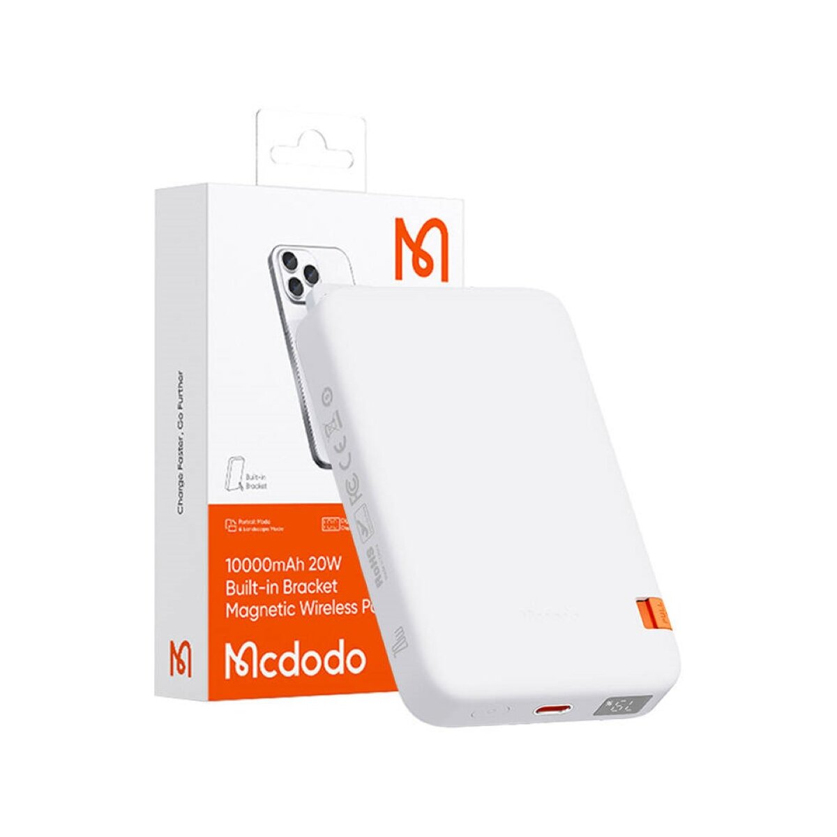 Turuncu vurgulara ve dijital ekrana sahip beyaz Mcdodo power bank kılıfı.