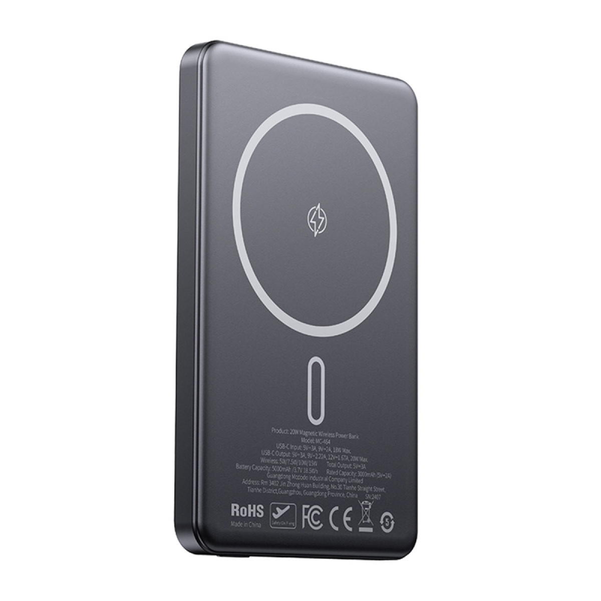 Power bank magnetico wireless grigio da 20W con indicatore di carica e simbolo fulmine.
