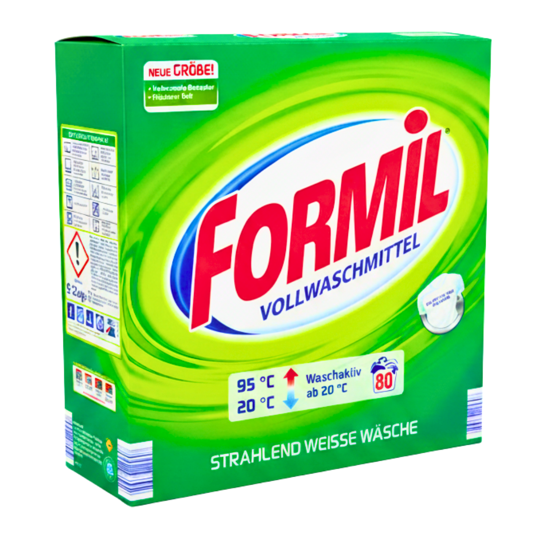 Grüne Formil Waschmittel Packung mit rotem Logo und Produktinformationen.