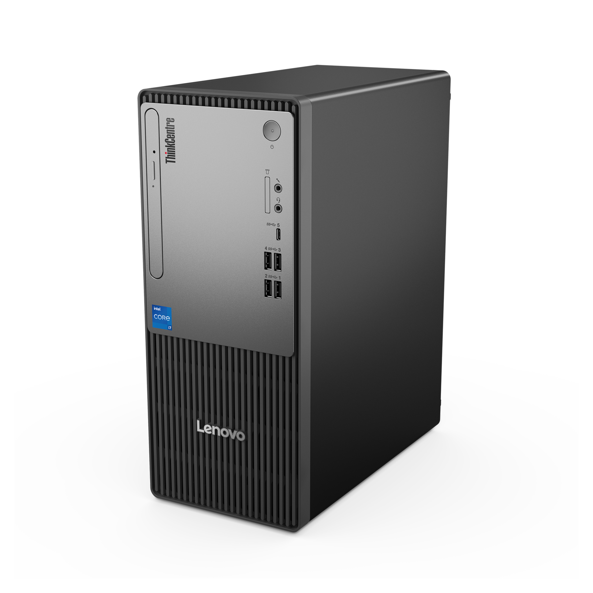 Gümüş ön panele ve Intel Core i7 çıkartmasına sahip siyah bir Lenovo ThinkCentre masaüstü bilgisayar.