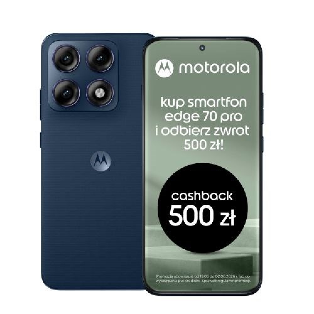 Smartphone Motorola blu scuro con array di fotocamere e pubblicità su schermo per cashback 500 Zł.