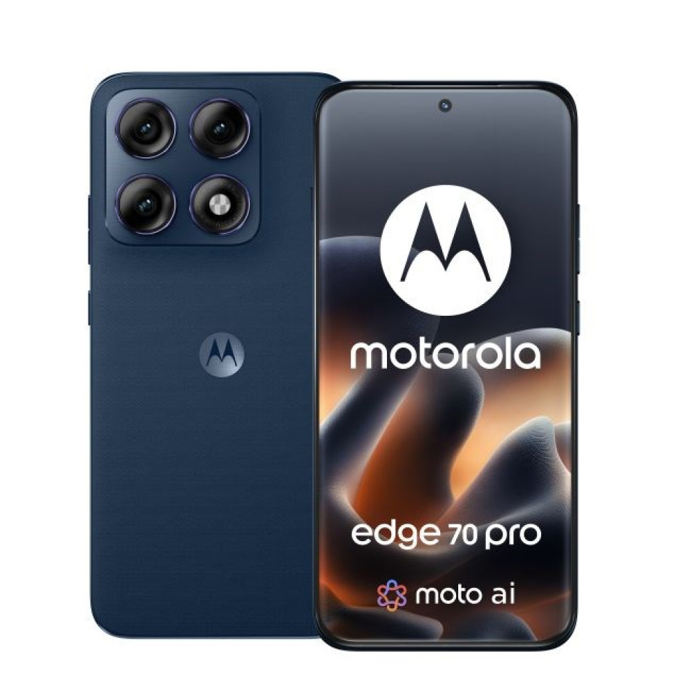 Smartphone Motorola Edge 70 Pro blu scuro con quattro fotocamere e logo Motorola.
