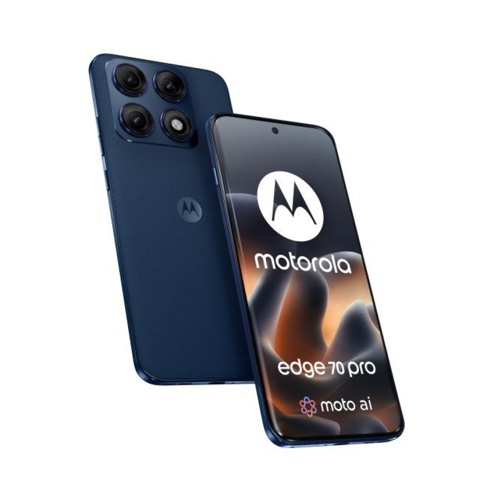 Viene mostrato un telefono Motorola Edge 70 Pro blu con setup a quattro fotocamere.