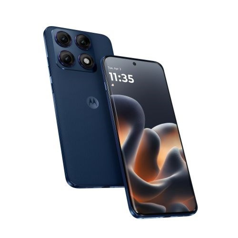 Due smartphone Motorola blu scuro uno accanto all'altro su sfondo bianco.