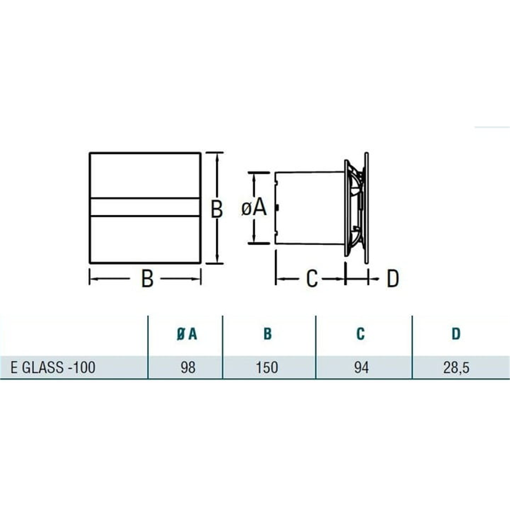 Rysunek techniczny z wymiarami dla E GLASS-100: ØA 98, B 150, C 94, D 28,5.