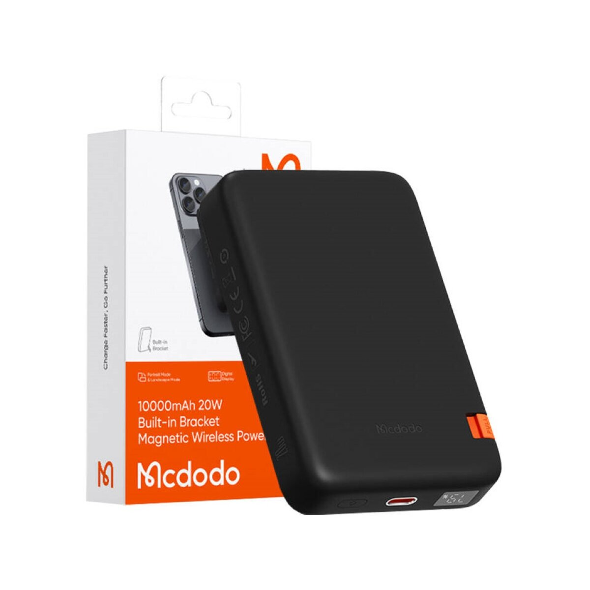 Yerleşik braketli ve manyetik kablosuz şarjlı siyah 10000mAh 20W McDoDo powerbank.