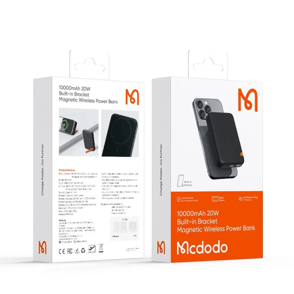 Mcdodo 10000mAh 20W manyetik kablosuz powerbank'in yerleşik braketli ambalajı.
