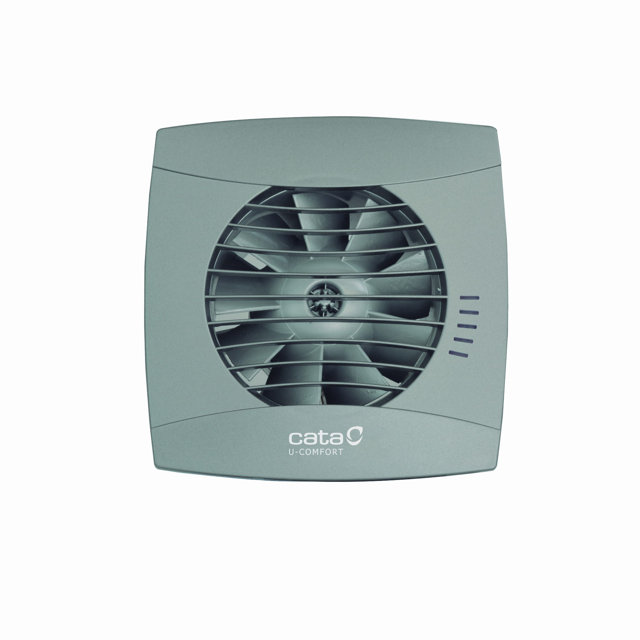 Ventilatore da estrazione grigio con pale e griglia.
