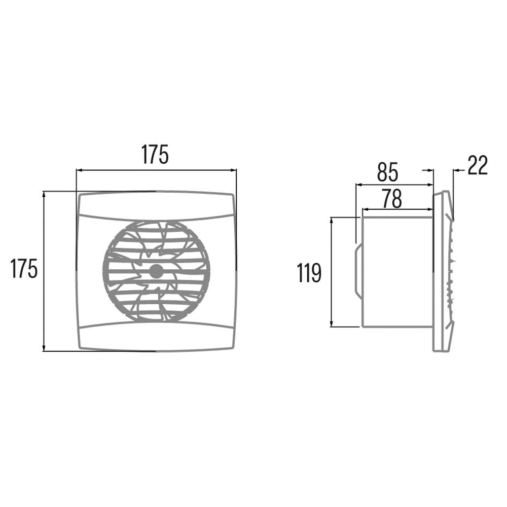 Disegno tecnico di una ventola da 175x175mm e vista laterale.