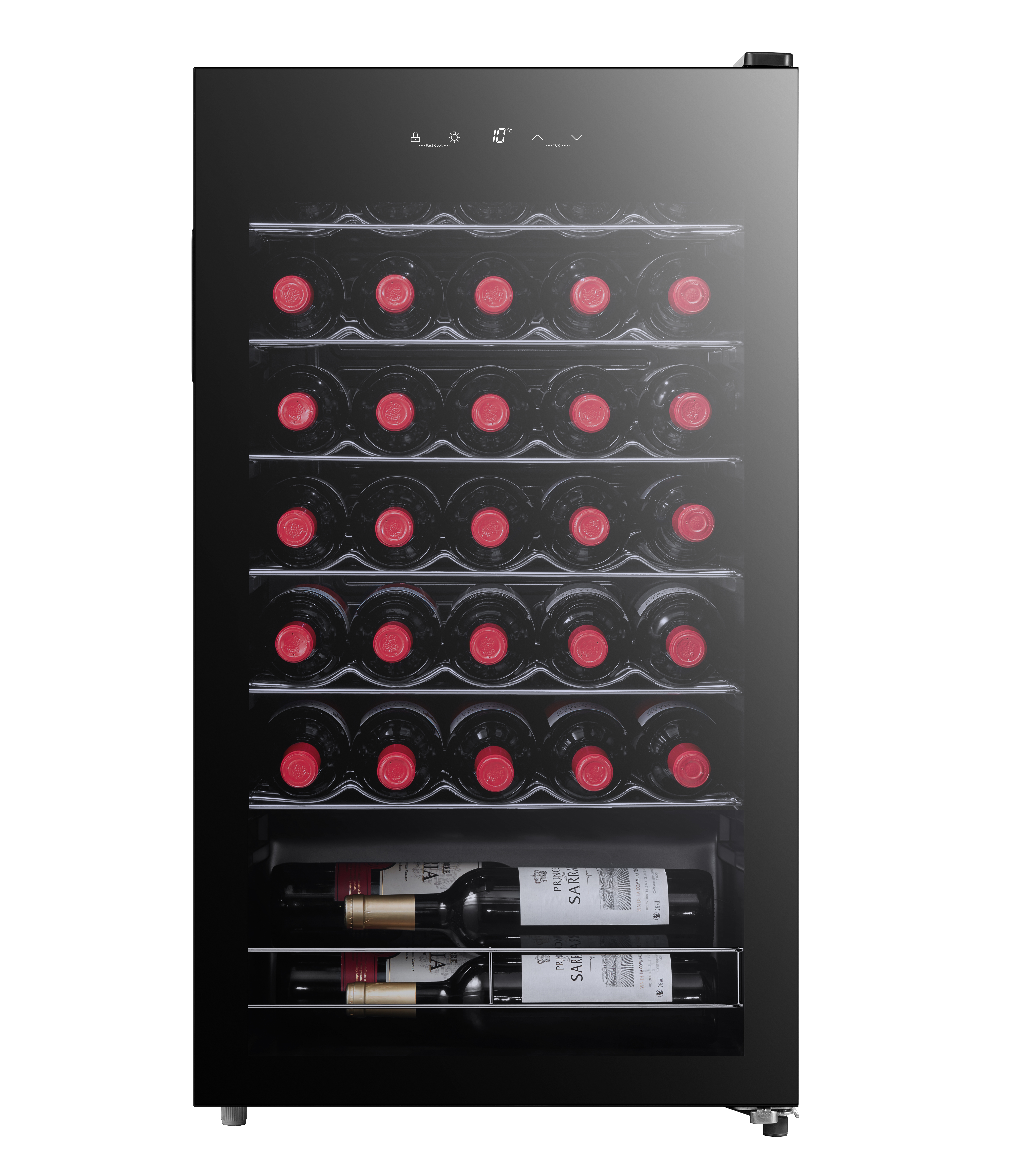 Ein schwarzer Weinkühlschrank mit Glasfront, gefüllt mit Wein- und Sektflaschen.